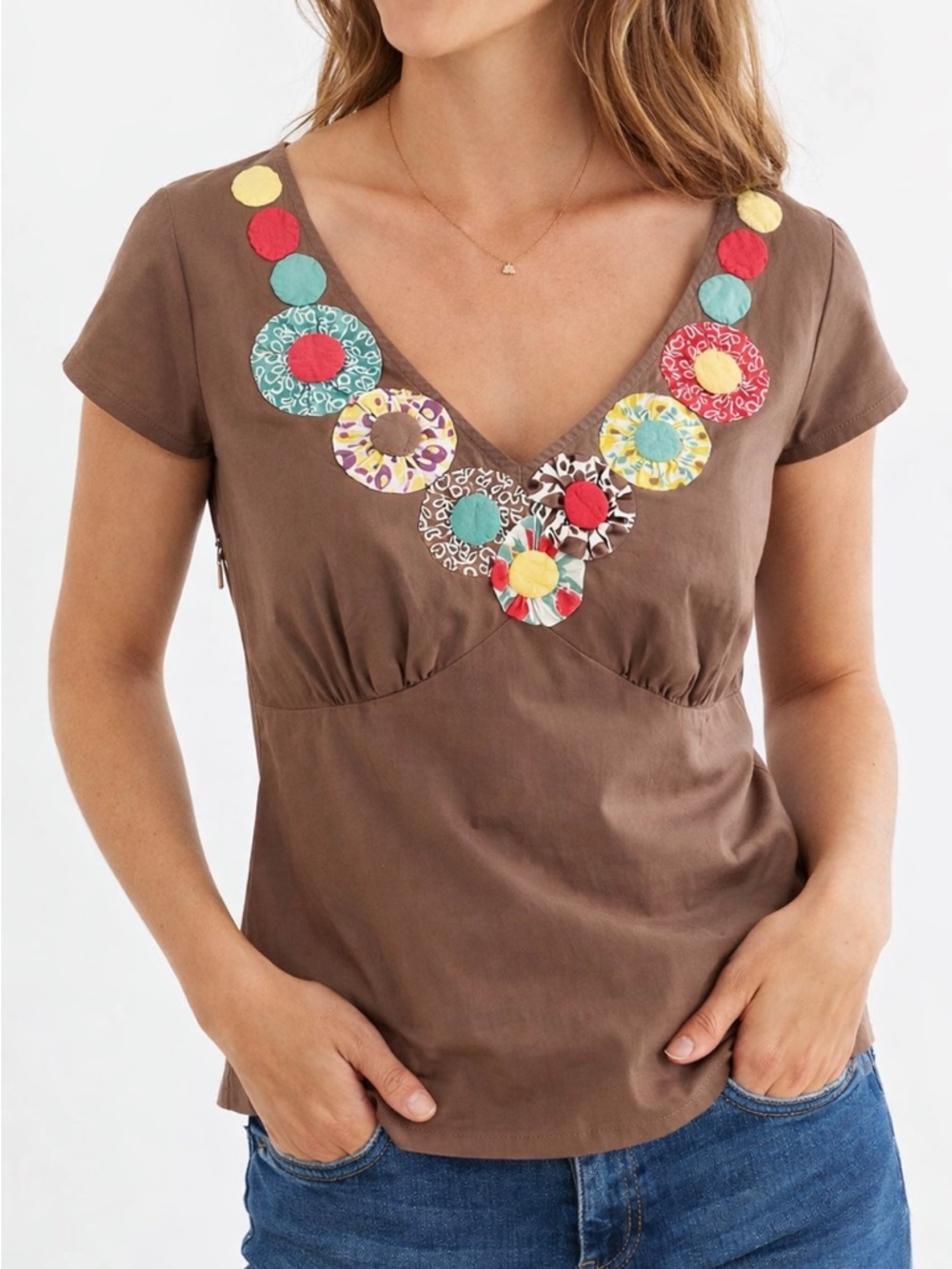 Boden Embellished Floral Appliqué Blouse Cotton V Neck Side Zip Boho Size 14